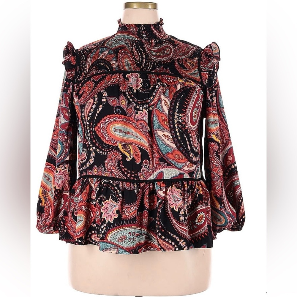 Paisley Ruffle-Neck Blouse - Black/Multi